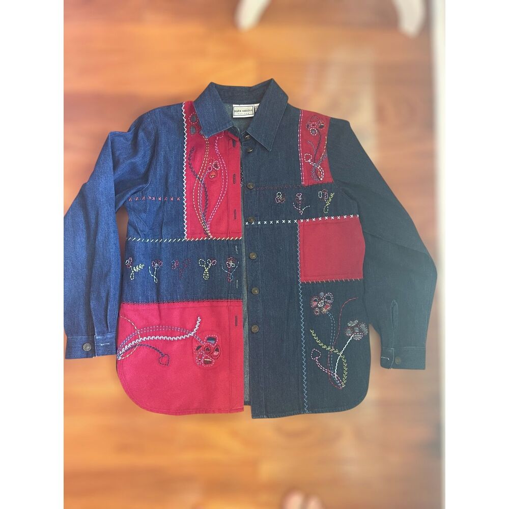 Patchwork Embroidered Denim Shirt Boho Folk Art Button Up Artsy Top Sz S Petite - Picture 2 of 15